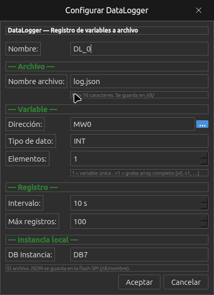 Diálogo DataLogger